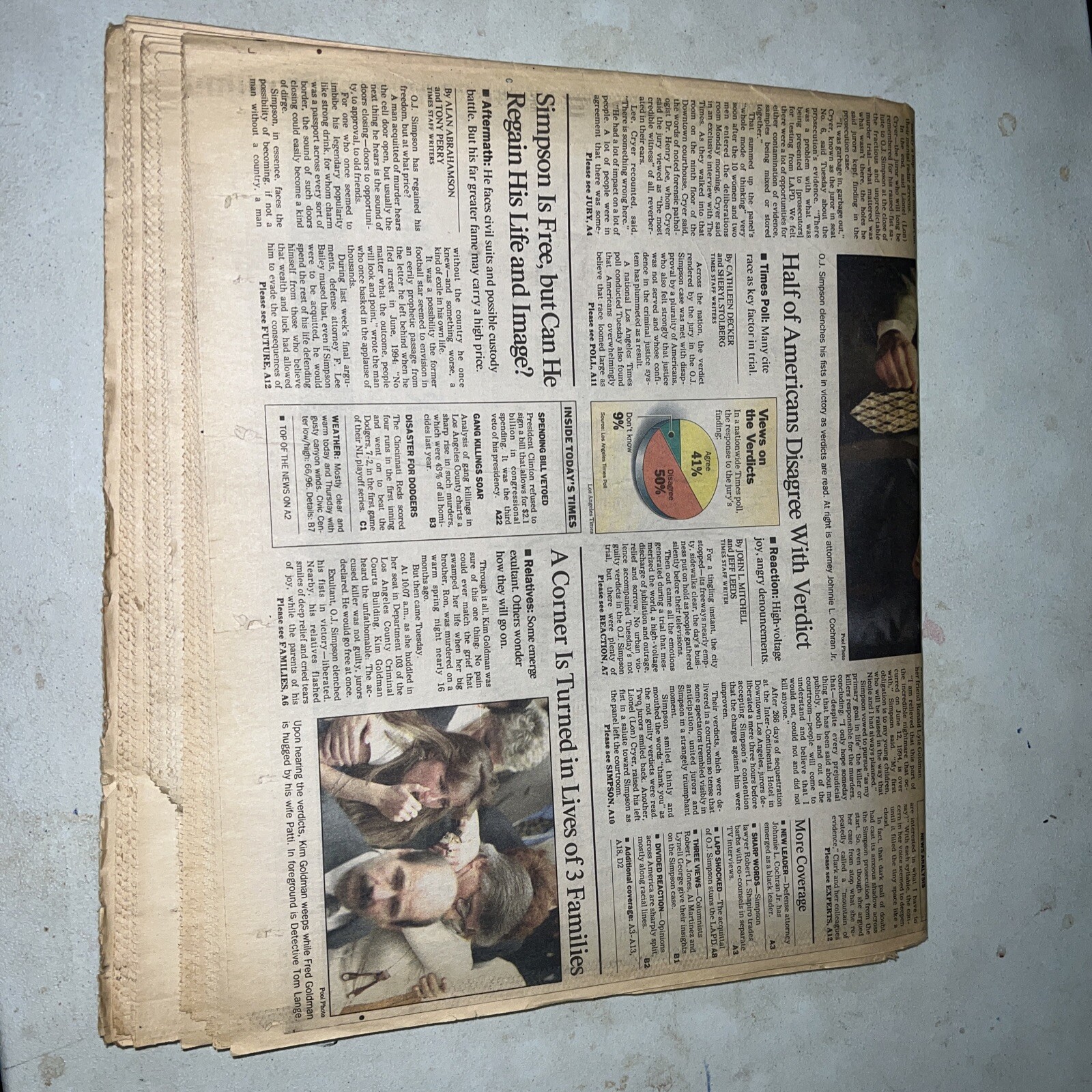 O.J. Simpson Newspaper NOT GUILTY Oct 4, 1995 LOS ANGELES TIMES - A-Section