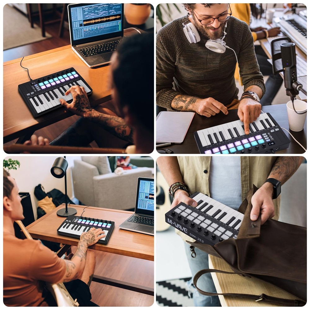 25 Key USB MIDI Keyboard Controller With 16 Backlit Drum Pads, Bluetooth Semi...