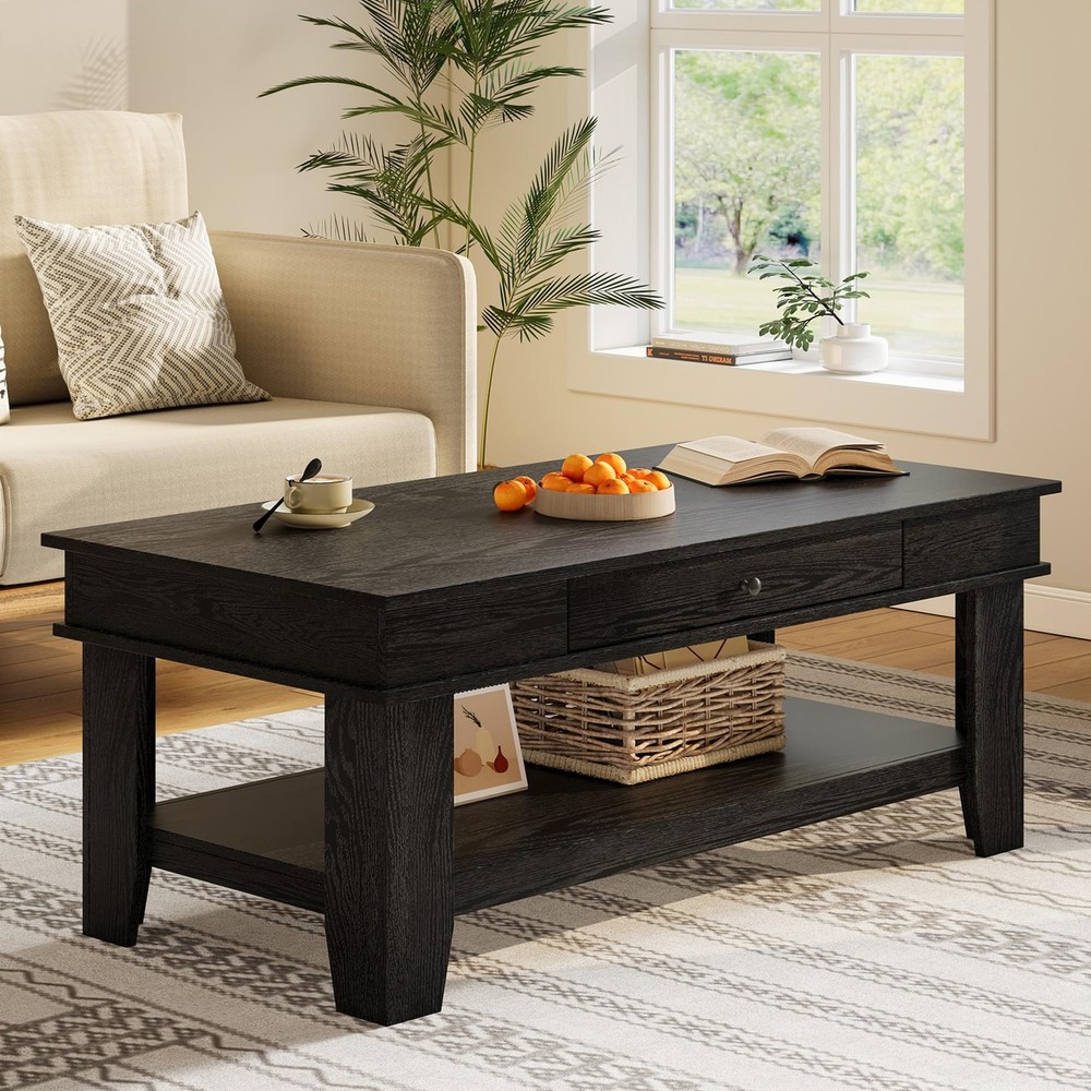 Rustic Coffee Table for Living Room Long Rectangular Center Table with Drawer