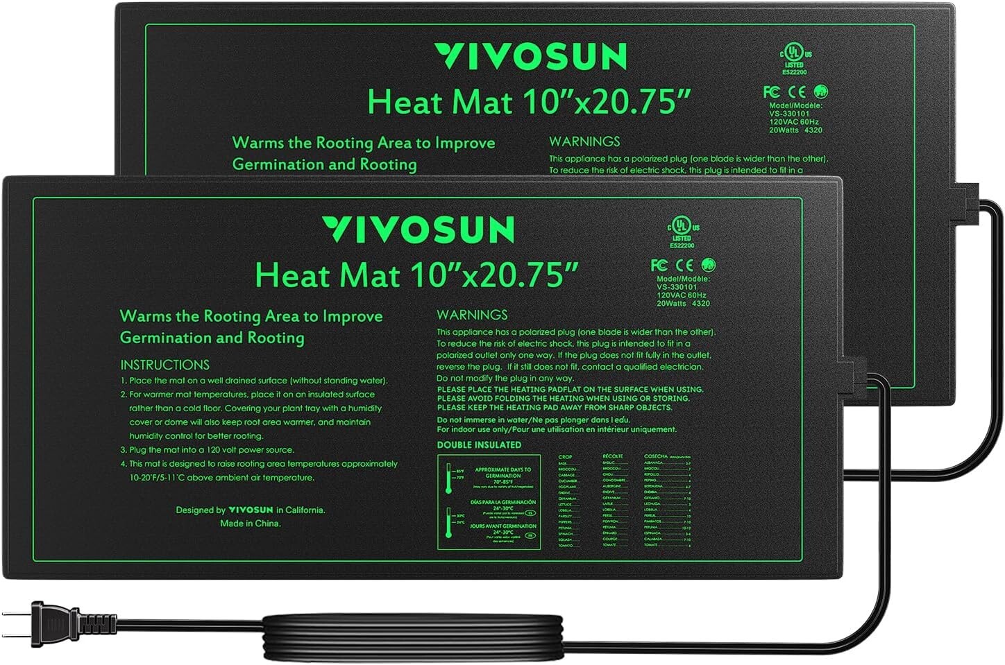 VIVOSUN 2 Pack Waterproof Seedling Heat Mat 10" x 20.75" UL & MET-Certified,20W