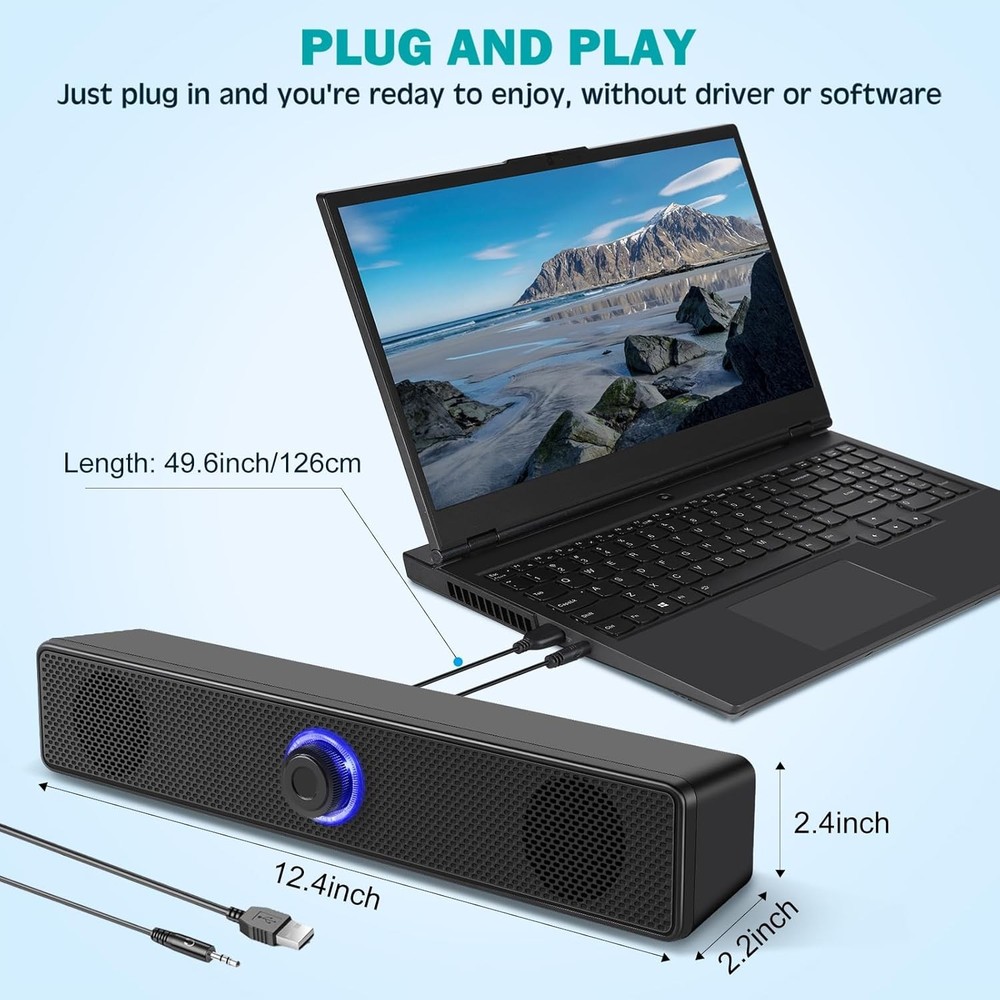 Computer Speakers, USB Powered PC Speakers Wired Stereo Desktop Black