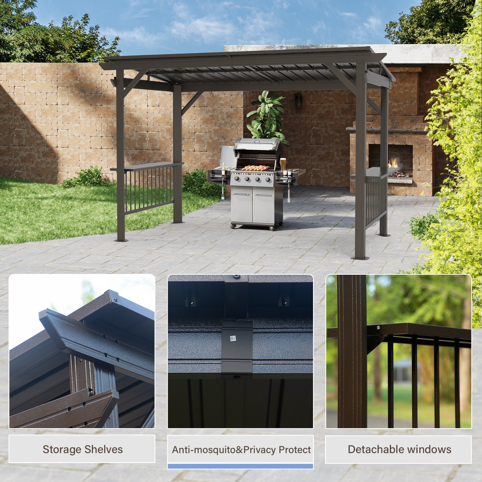 Domi Outdoor 6.5x12FT Hardtop Grill Gazebo w/2 Side Shelves &Ceiling Hook,Brown