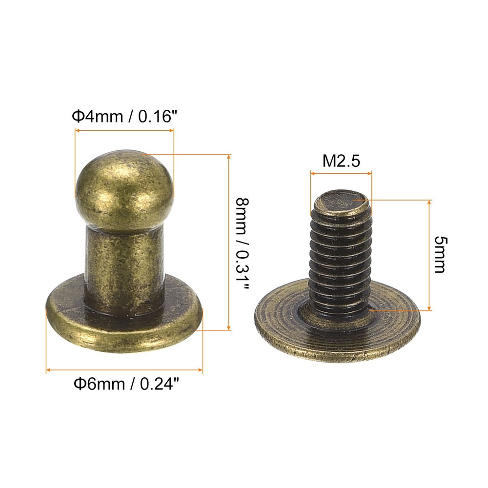 4mm Ball Head Stud Rivets Screw Back, 15Pack Round Head Button, Bronze Tone