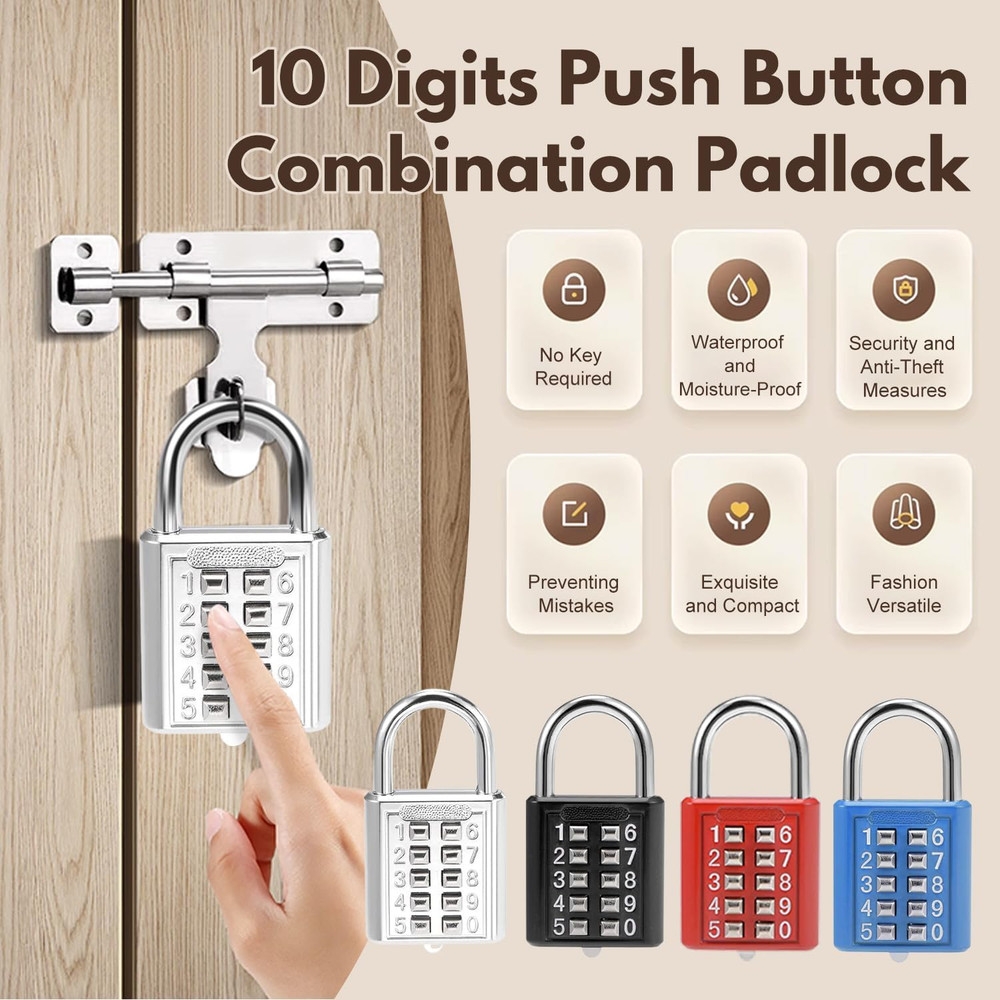 1Pcs 10-Digit Combination Padlock Push Button Lock for Locker Gym, Case, Drawer,