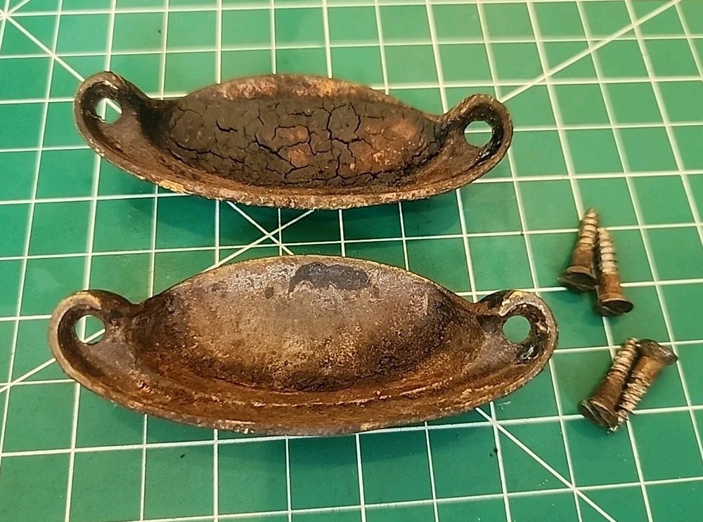 Pair Antique Drawer Cup Bin Pull Handle Cast Iron Victorian Ornate - mjk120