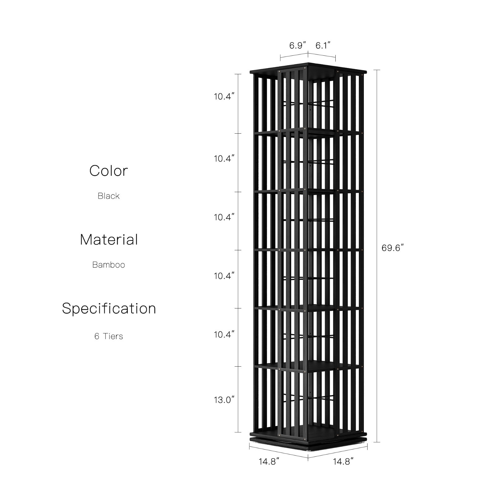 6-Tier Bamboo Rotating Bookcase Tower, 360° Swivel Bookshelf with Floor Storage