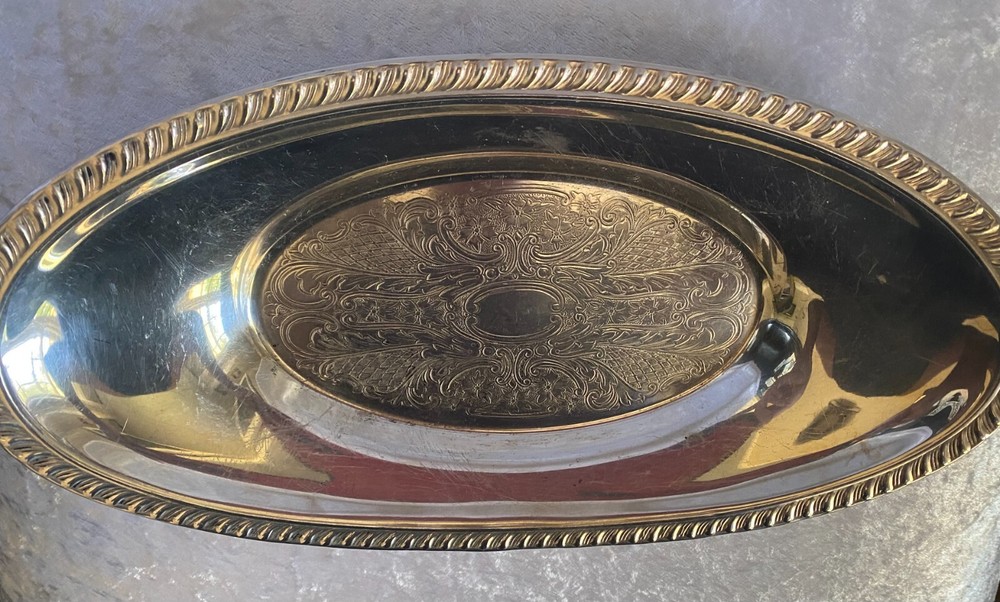 Crosby Silver Plated Oval Bread Tray Etched Pattern 12 1/2"