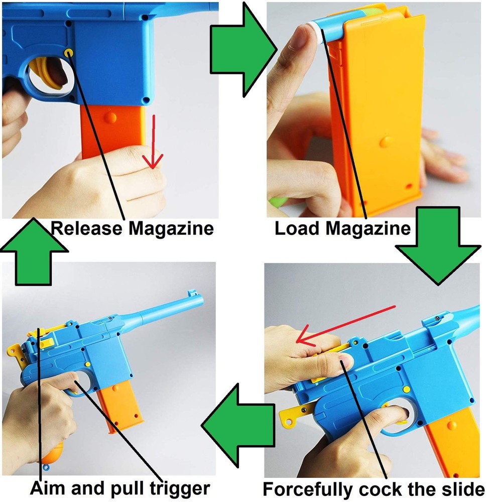 Mauser C96 Toy Gun with Soft Bullets, 7 Round Ejectable Magazine, Removable B...
