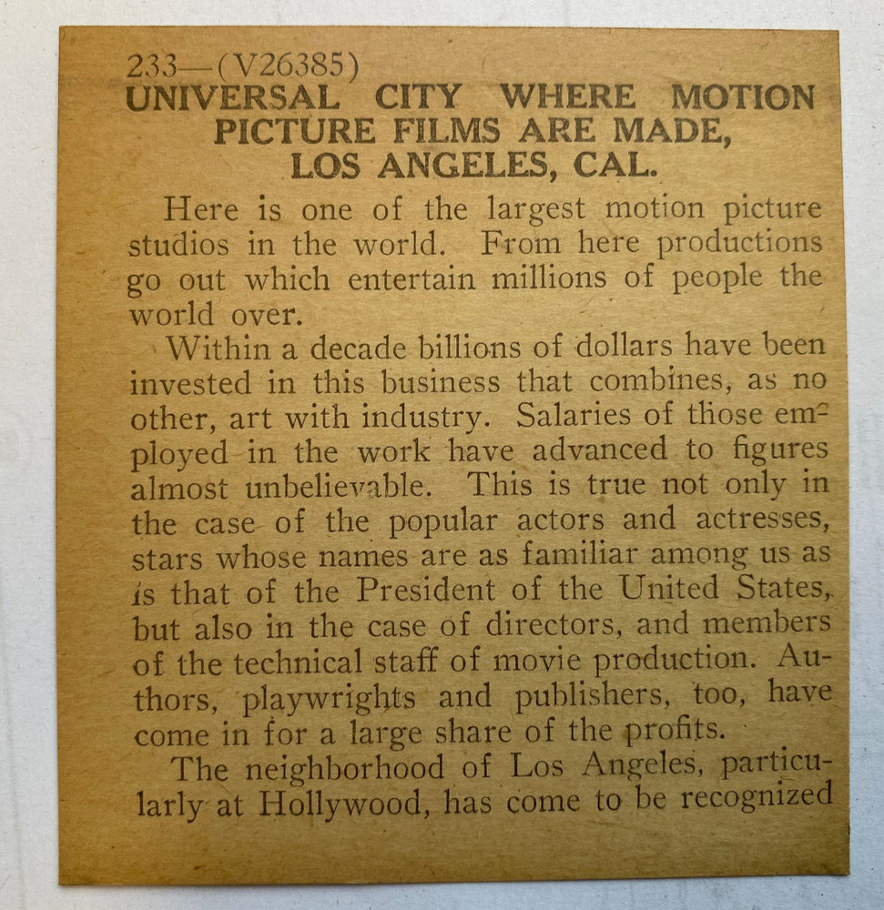 KEYSTONE MAGIC LANTERN SLIDE 233 UNIVERSAL CITY STUDIOS CA 1920s