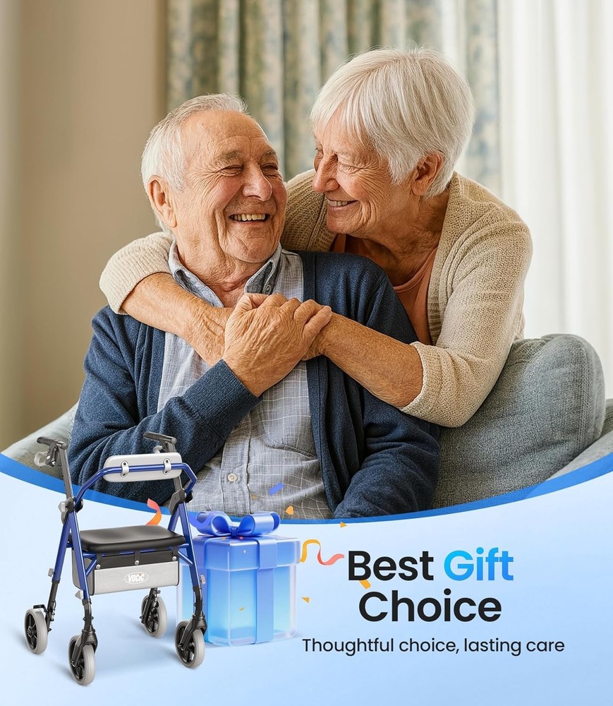 Lightweight Rollator Walker Seat Backrest Foldable All Terrain Adjustable