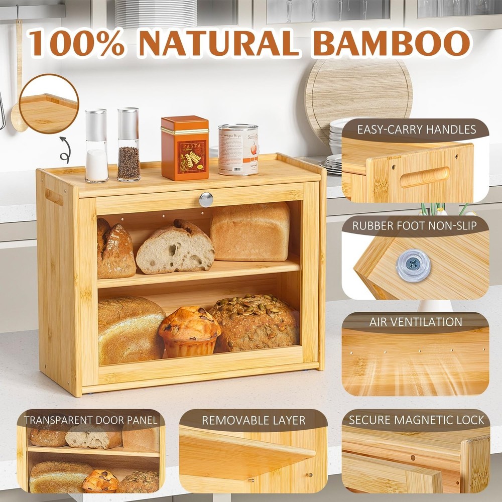Bread Box for Kitchen Countertop, Double-layers large Bread Container with Tr...