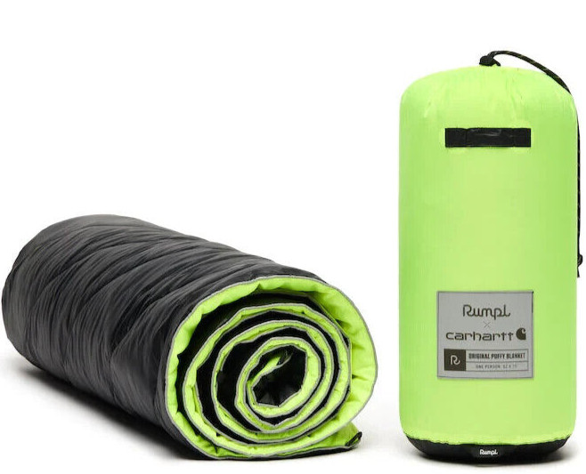 New RUMPL X CARHARTT ORIGINAL PUFFY Black Lime Camping quilted BLANKET 52 X 75