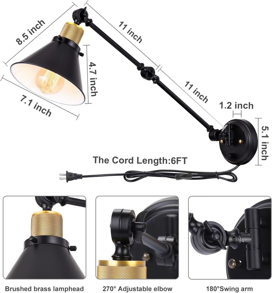 Wall Sconce Plug in Dimmable Wall Sconce W/ Switch Swing Arm Wall Lights Plug in
