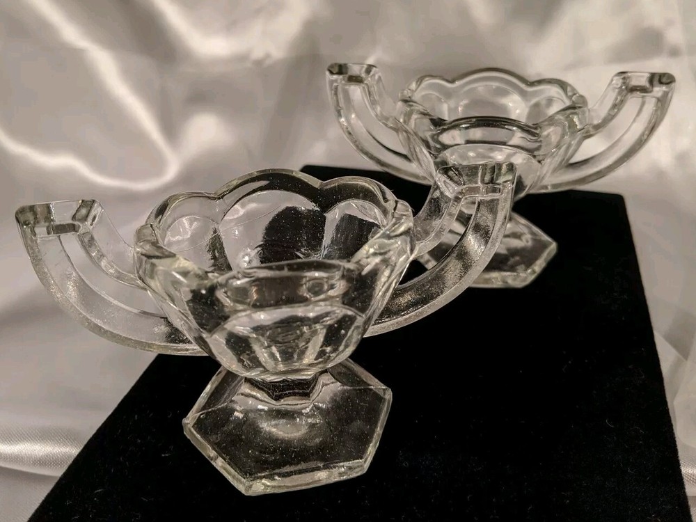 Pair 2 Central Glass Krystol Chippendale Footed Handled Open Salt Cellars EAPG