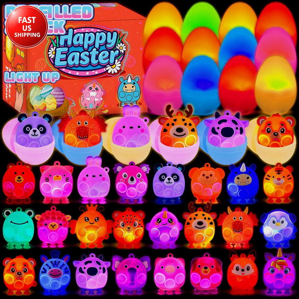 Prefilled Easter Eggs with Light up 3D Animal Pop Toys, 24 Pack Easter Eggs Fill