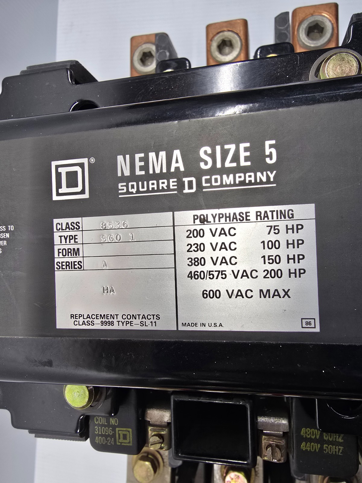 Square D Size 5 Motor Starter 200 HP 600 VAC 480V Coil 8536SG01