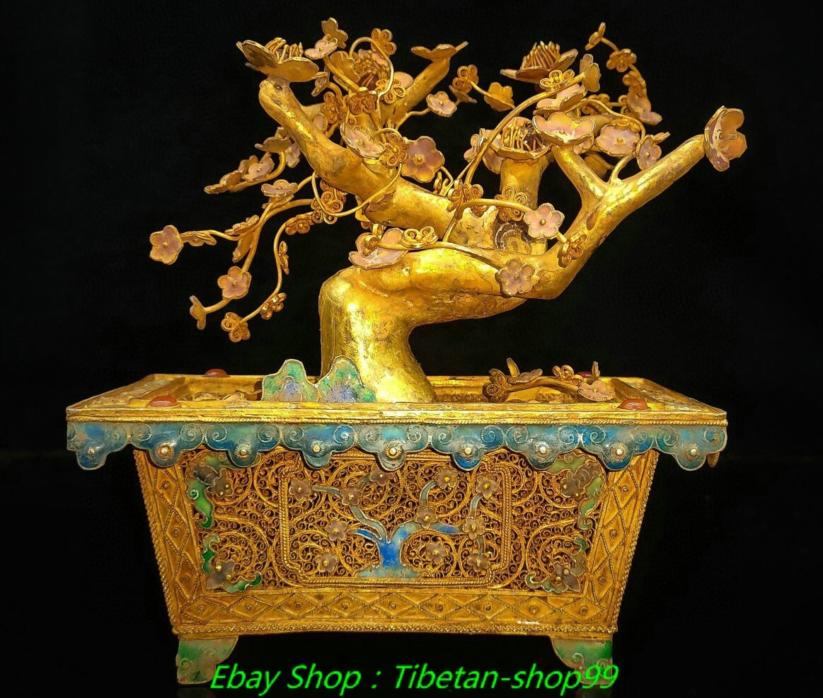 6.3"Old Pure Silver Gilt Cloisonne Enamel Plum Tree Flower Pot  Bonsai Statue