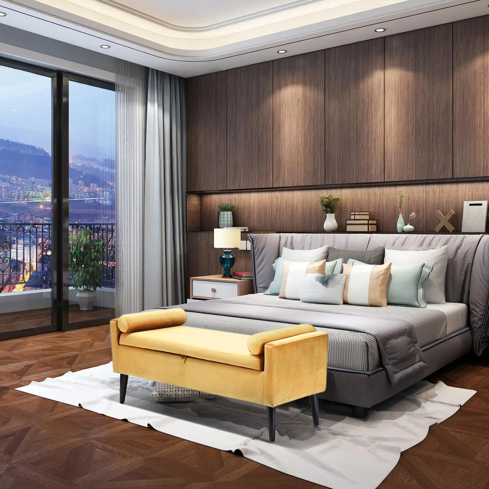 47" Upholstered Storage Ottoman Bedroom Velvet Bench End of Bed + 2PCS Pillows