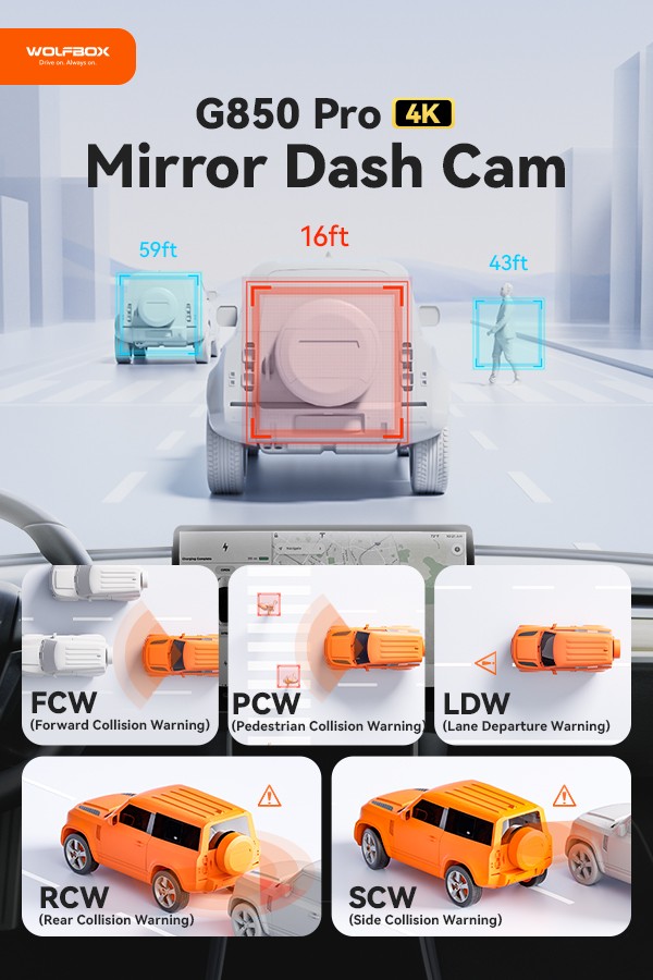 WOLFBOX G850 PRO 12" Mirror Dash Cam 4K With ADAS, 5.8GHz WiFi, Voice Control