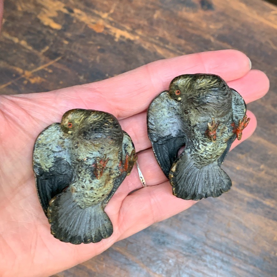 2 Lot Antique Vienna Austrian Cold Painted Bronze Pigeon Bird Figurine Preening