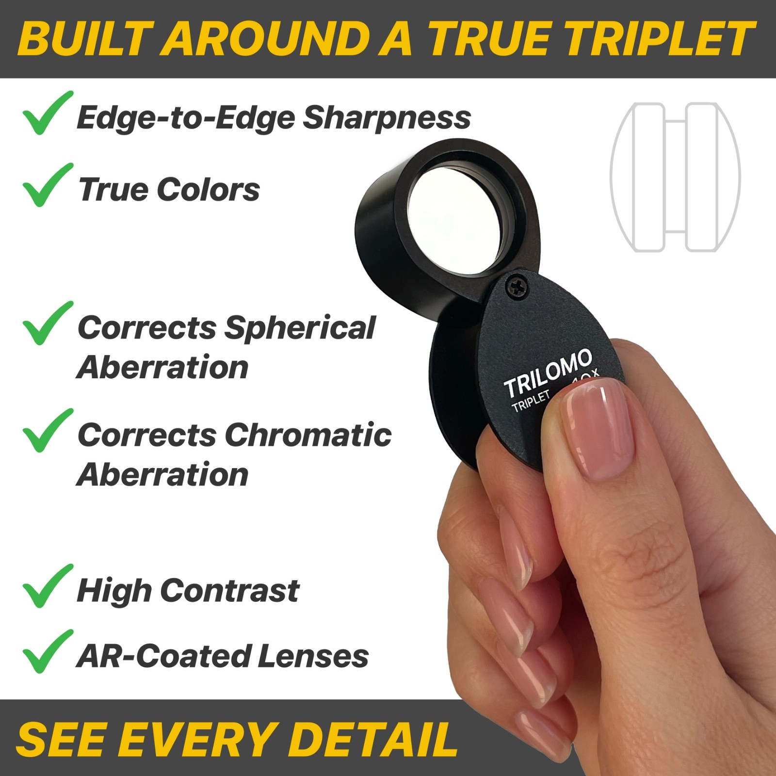 TRILOMO (ex BelOMO) 10x Triplet Loupe Magnifier. Black Egg. 21mm (.85"). USA