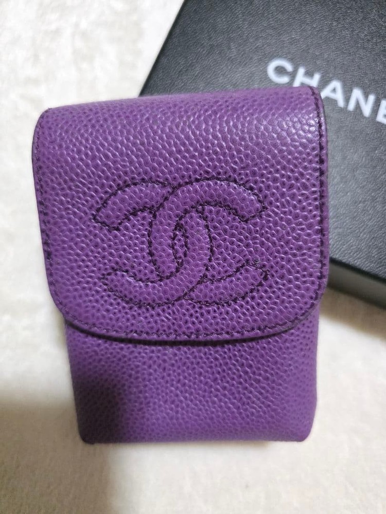 CHANEL Purple Violet Cigarette Case Leather Coco Mark Snap Button Used