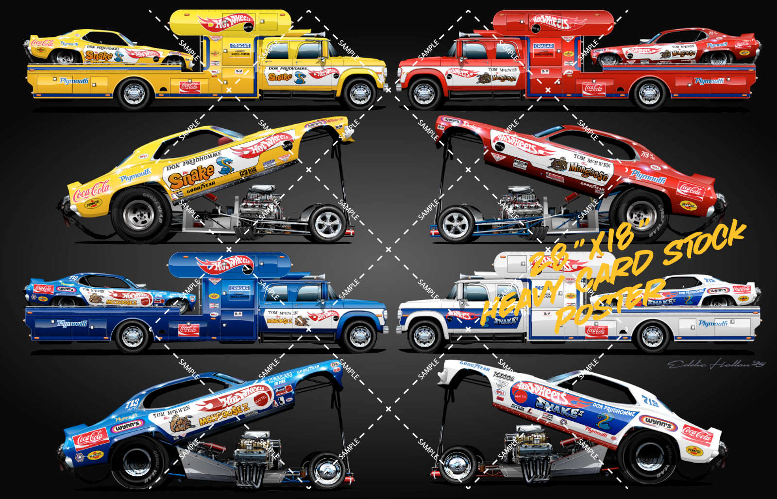 Set of 5 Snake & Mongoose I & II Funny Car & Hauler 28X18" Poster 022-026