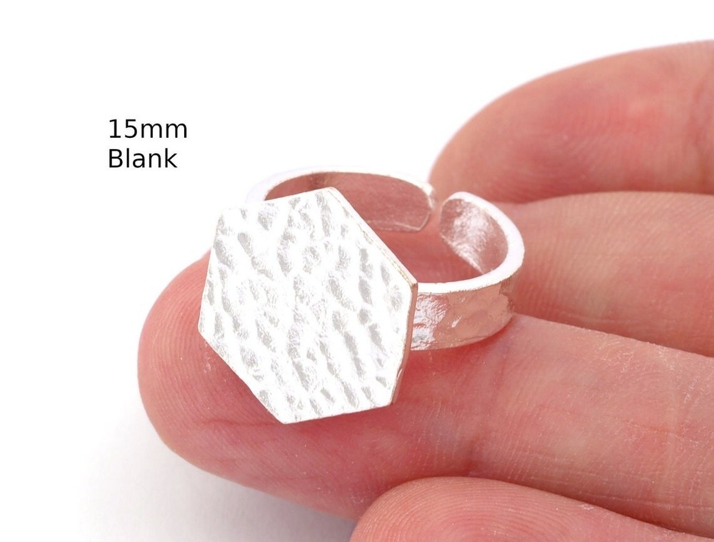 Hexagonal Hammered Adjustable Ring Blank - Antique silver plated Brass 4947