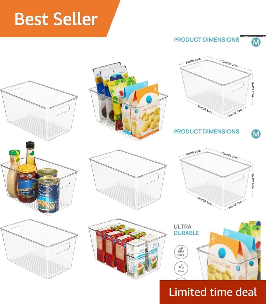 Medium Clear Storage Bins with Handles – Durable 6 PCS Kitchen Organization Set