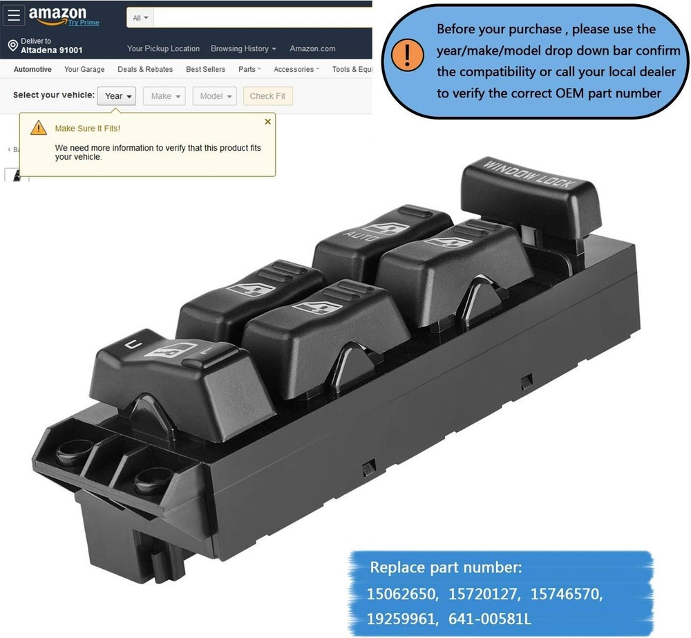 19259961 Power Window Switch Front Driver Side Compatible for 2000-2002 Chevy Si
