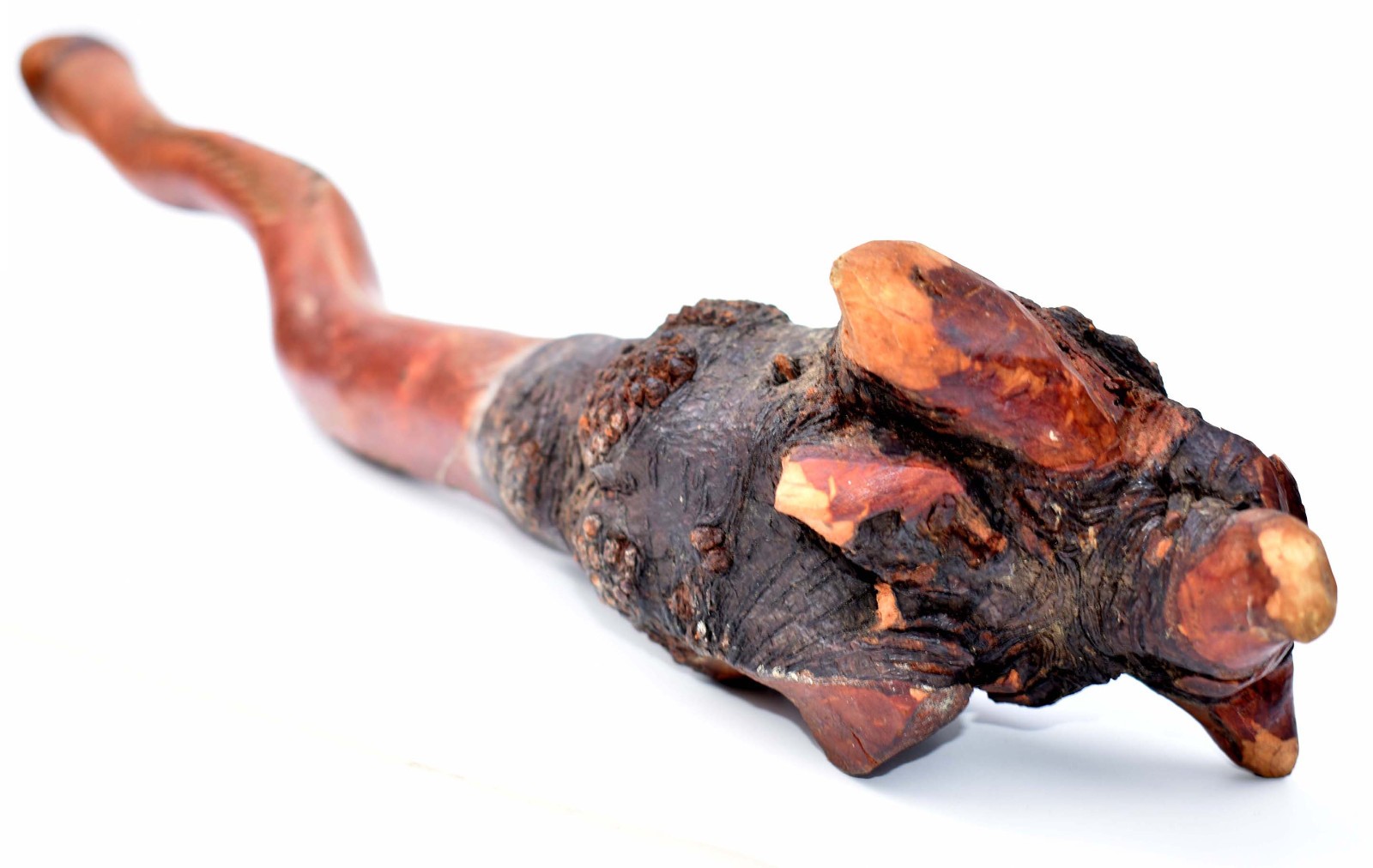 22" Early Penobscot Indian War Club - 1800s Maine - Red Dye - Chip Carved Handle