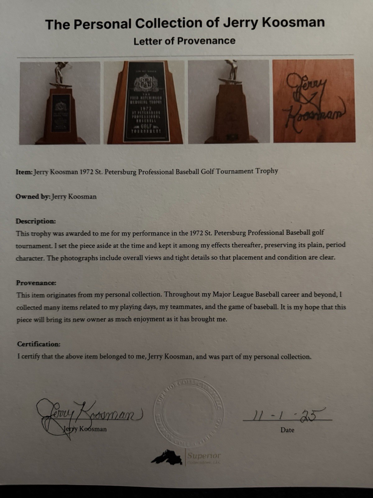 Jerry Koosman Personal Collection: Signed 1972 Professional Baseball Tournament