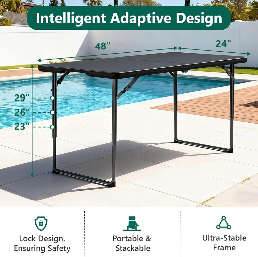 Folding Table 4FT Heavy Duty Plastic Table with Handle, Foldable&Portable, Fold-