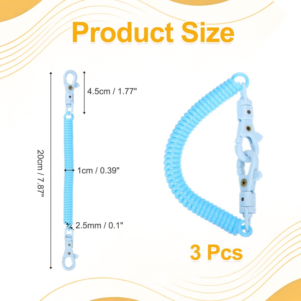 Retractable Coil Keychain W Double Plastic Clasp, (7.9", Light Blue)(3Pcs)