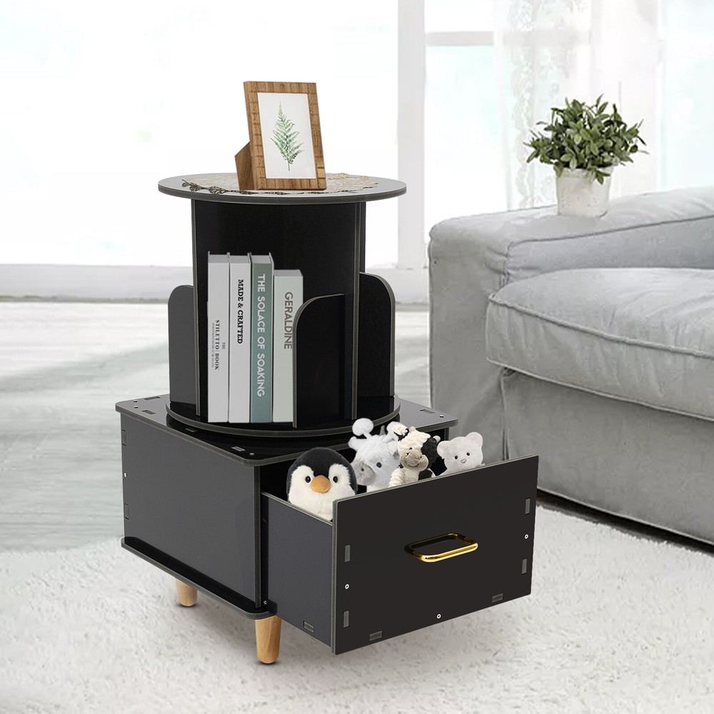 Bedside Table with Drawer, Corner High End Table, Rotating Bookshelf with Drawer