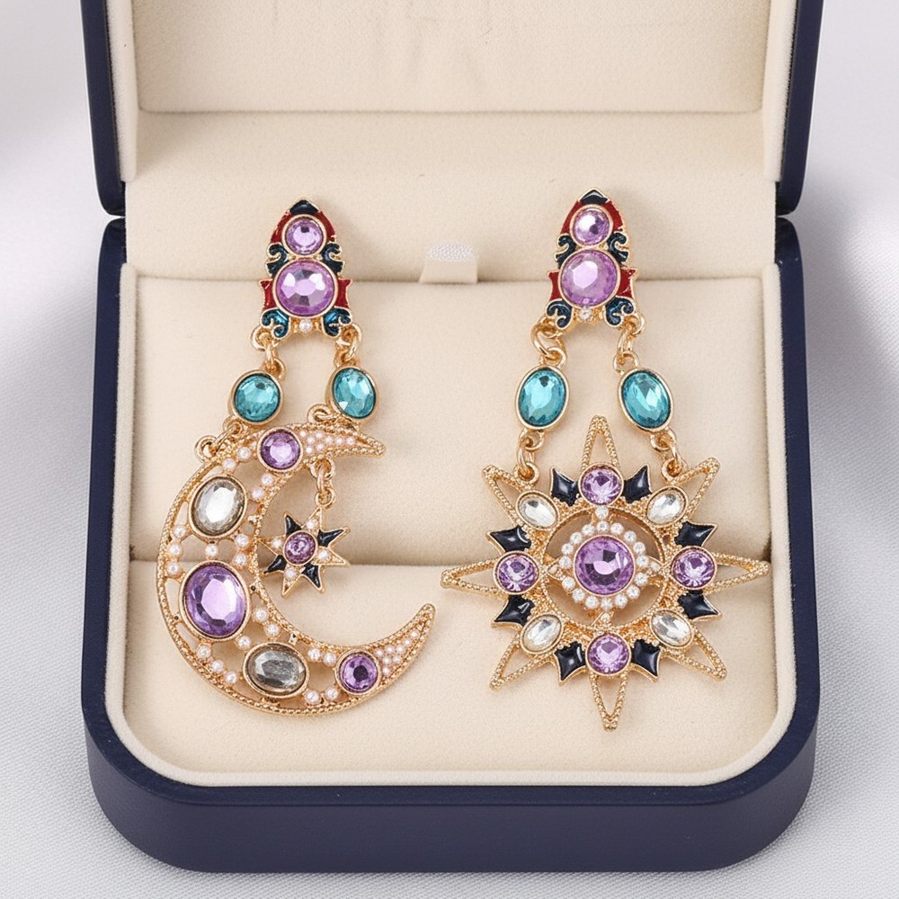 Celestial Sun Moon Drop Earrings Gold Crystal Star Statement Dangle