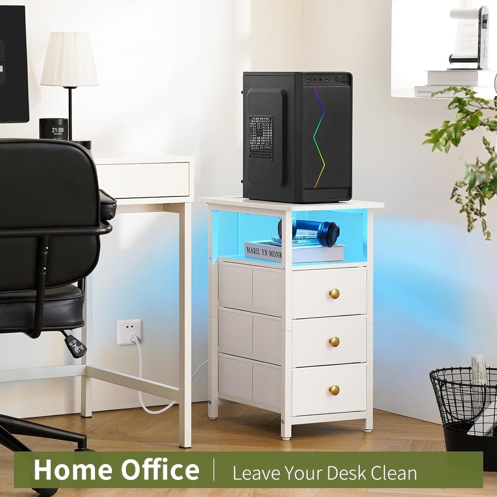 End Table W/ Charging Station LED Narrow Side Table Bedside Table Small Night