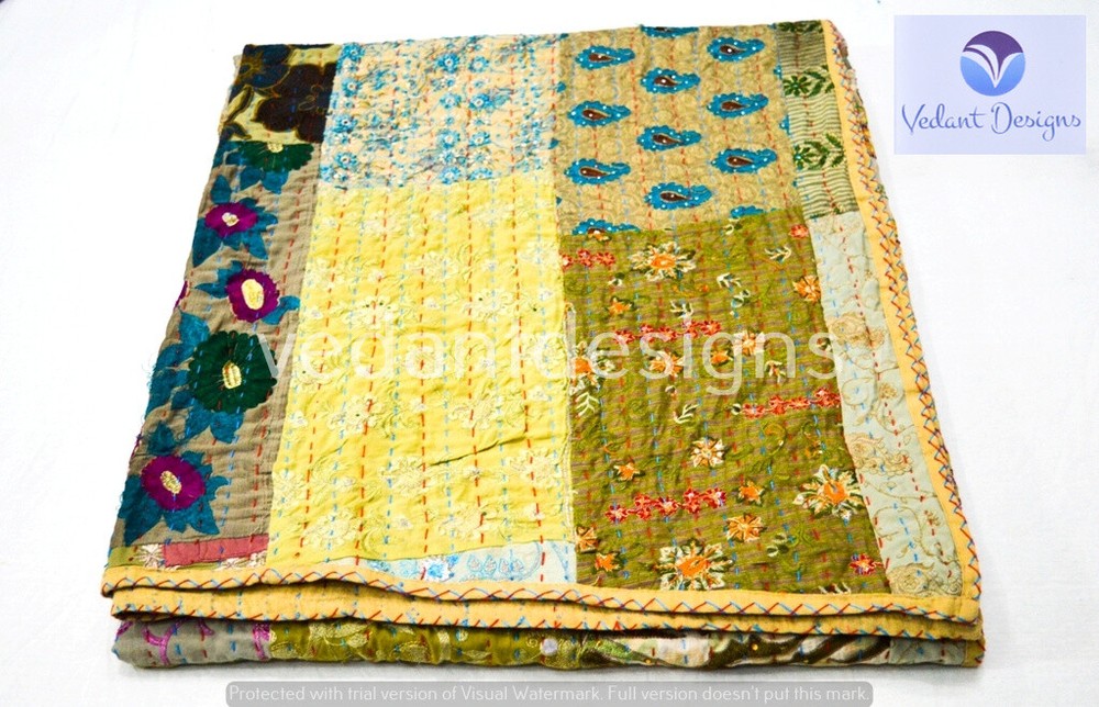 Indian Reversible Patchwork Kantha Quilt Multicolor Queen Blanket Throw Art