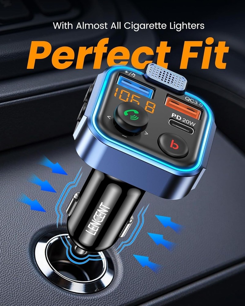FM Transmitter in-Car Adapter, Type-C PD 20W+ QC3.0 Fast USB Charger, Wireles...