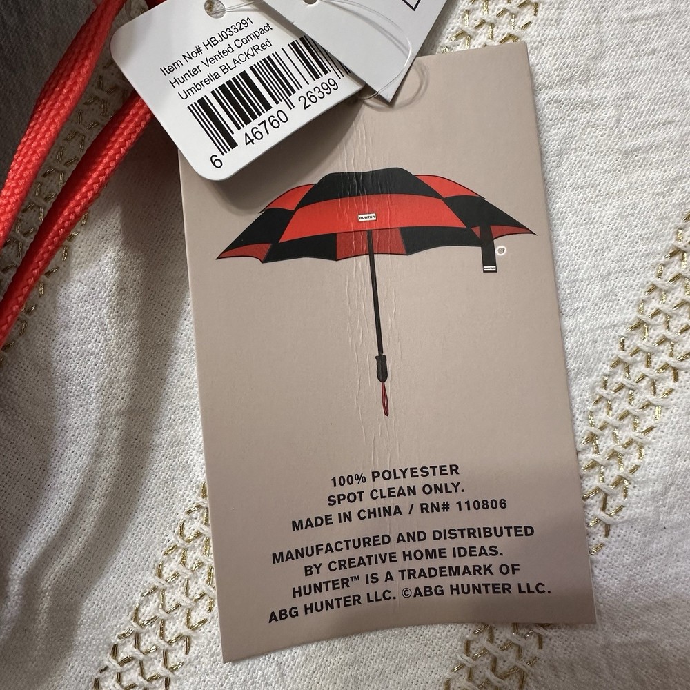 HUNTER Vented Compact Umbrella Black & Red Alternating w/ Cover 100% Polyester