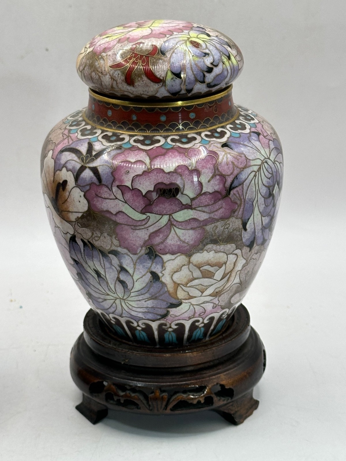Vintage Pair of Chinese Cloisonné Enamel Ginger Jar Floral Motif 6.75" Wood Base