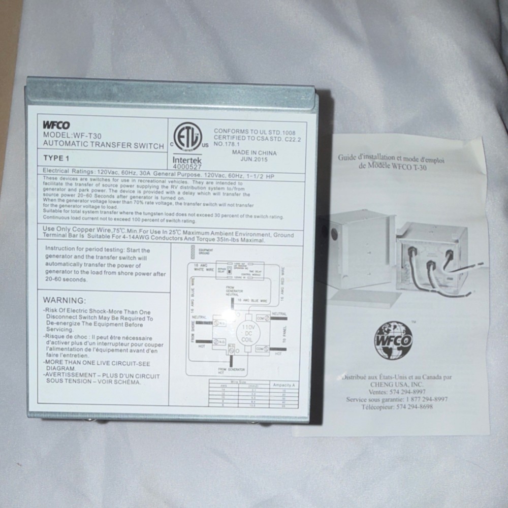 WFCO Automatic Transfer Switch Model WF-T30 30 Amp Type Automatic MPN WF-T30