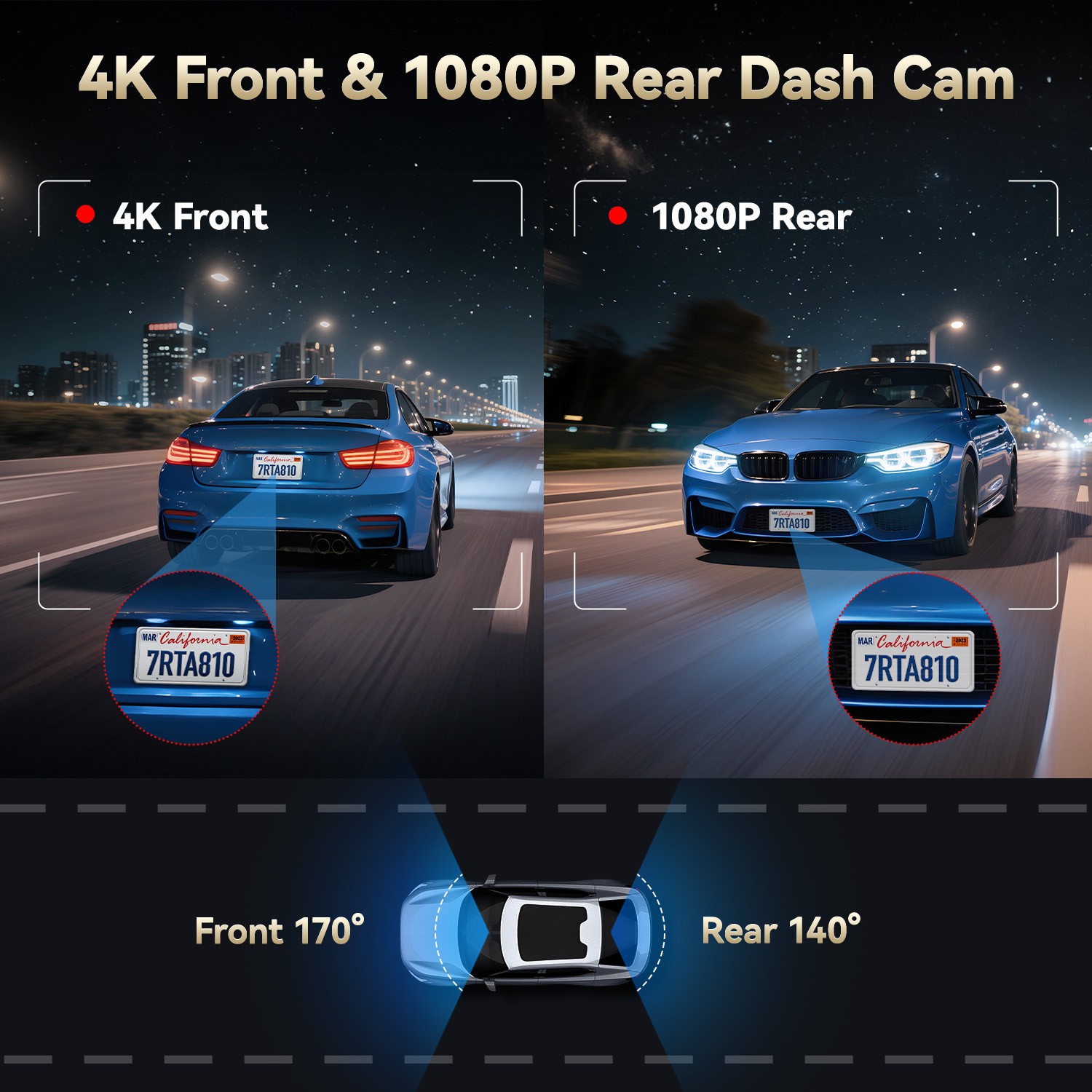 REDTIGER A8 64GB Card 4K Dash Cam Front and Rear,Touch Screen,Loop Recording