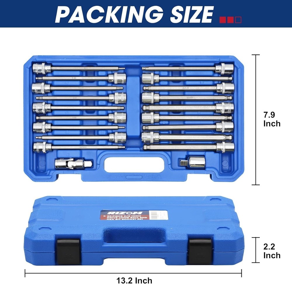 20Pc 3/8 Inch Drive Long Ball End Hex Bit Socket Set Extra Long Allen Socket Set