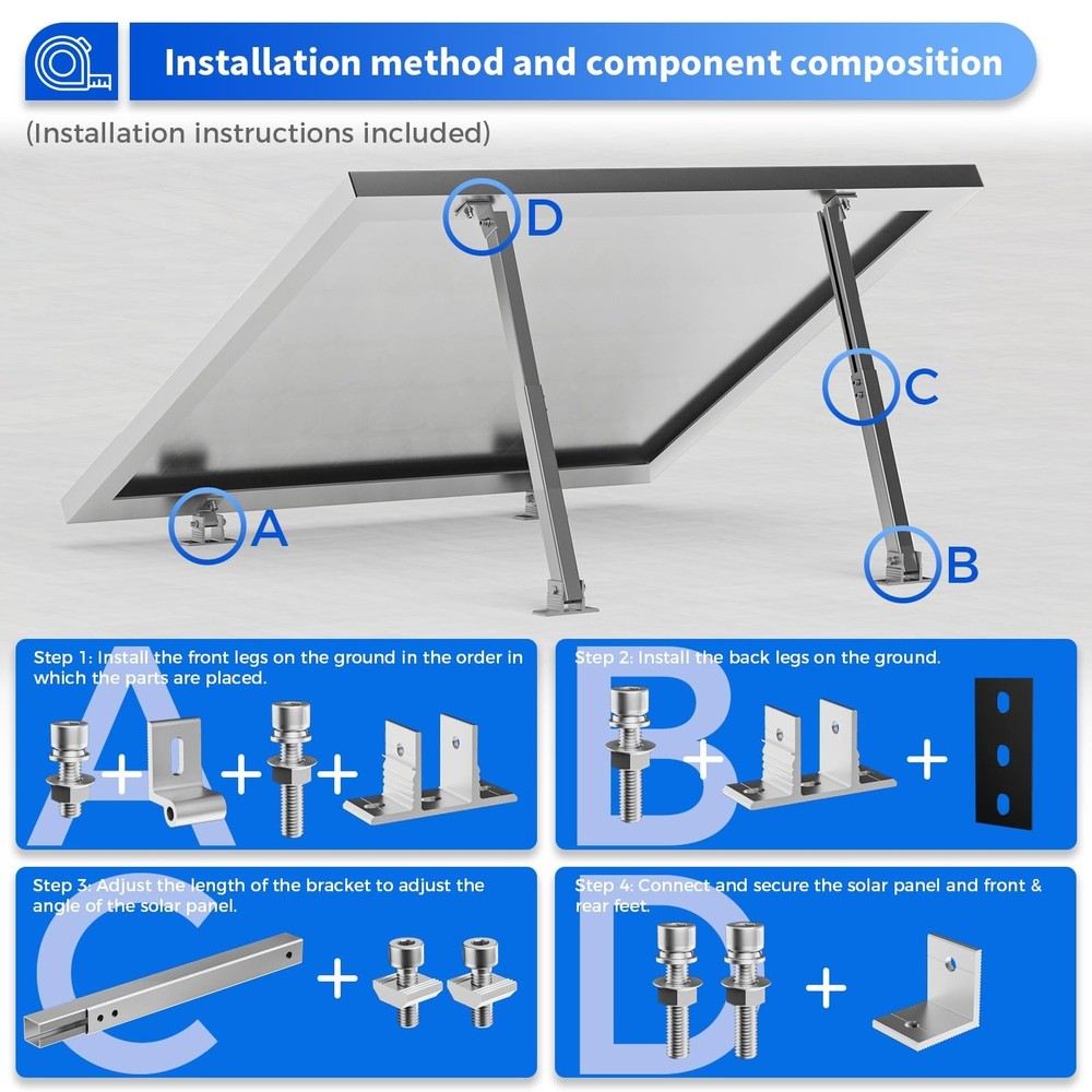 2 Set Adjustable Solar Panel Tilt Mount Brackets, Stand Systems Support 50W-400W