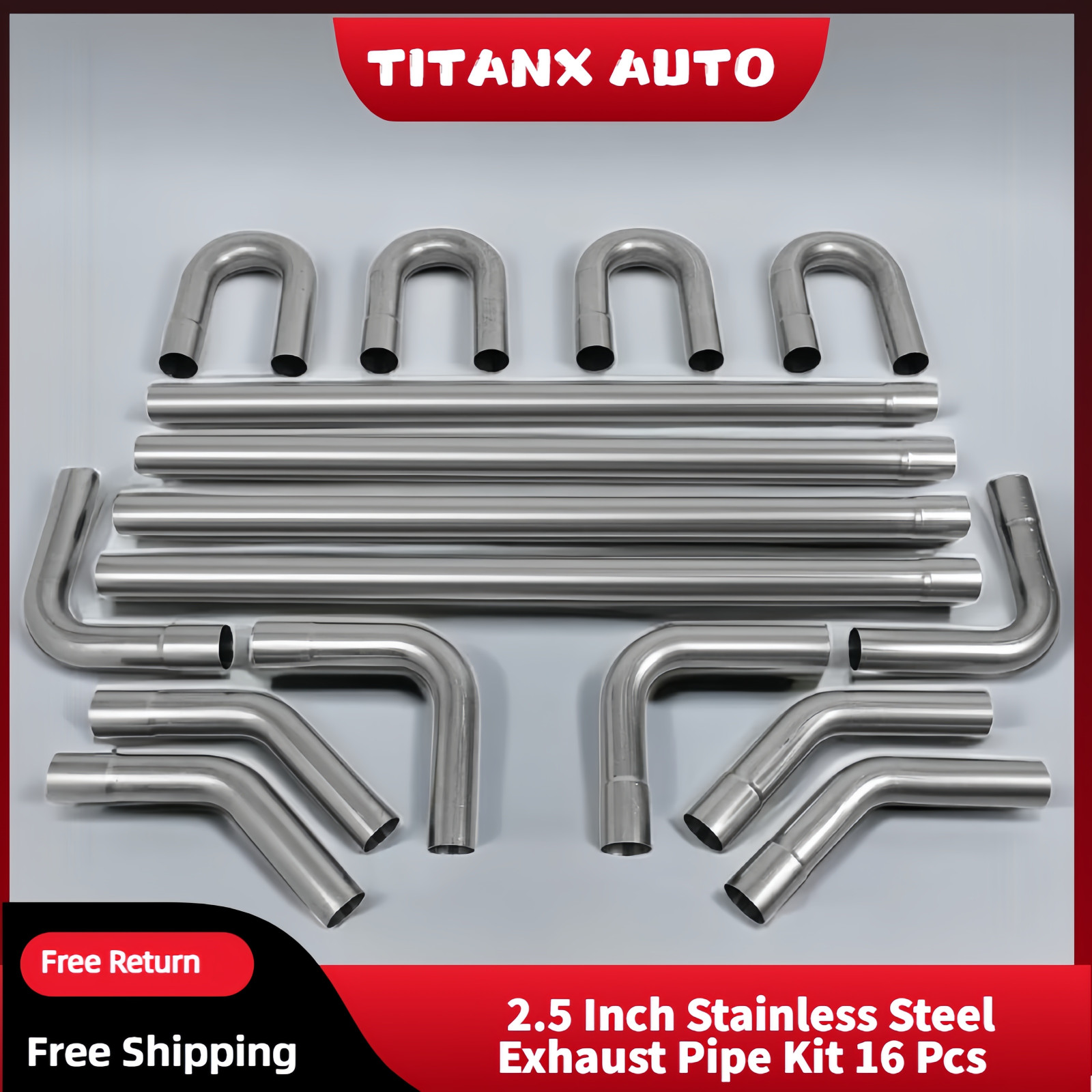 2.5" OD Stainless Mandrel Bend Exhaust Tubing Kit 16PCS T304 Steel Straight Pipe