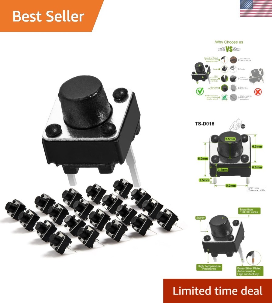 20-Pack Tactile Push Button Switch 6x6mm for Arduino & Electronics Projects