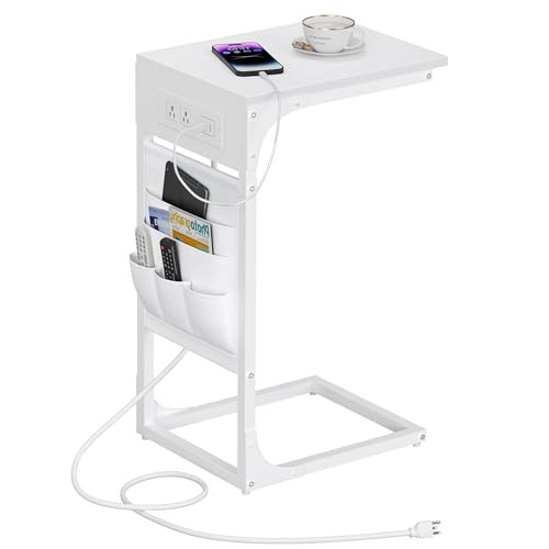 C Shaped End Table with Charging Station, Side Table for Sofa, Couch Table