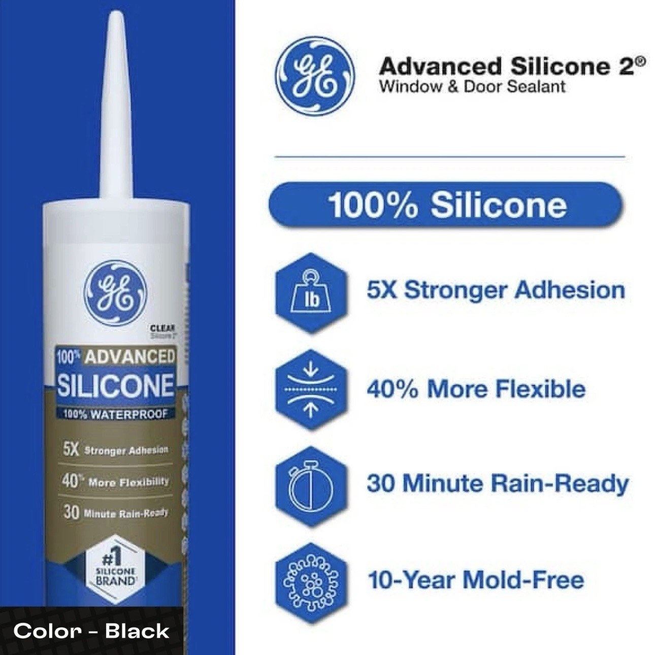 GE Advanced Silicone 2 Window and Door BLACK Silicone Caulk 10.1 oz - Pack of 12