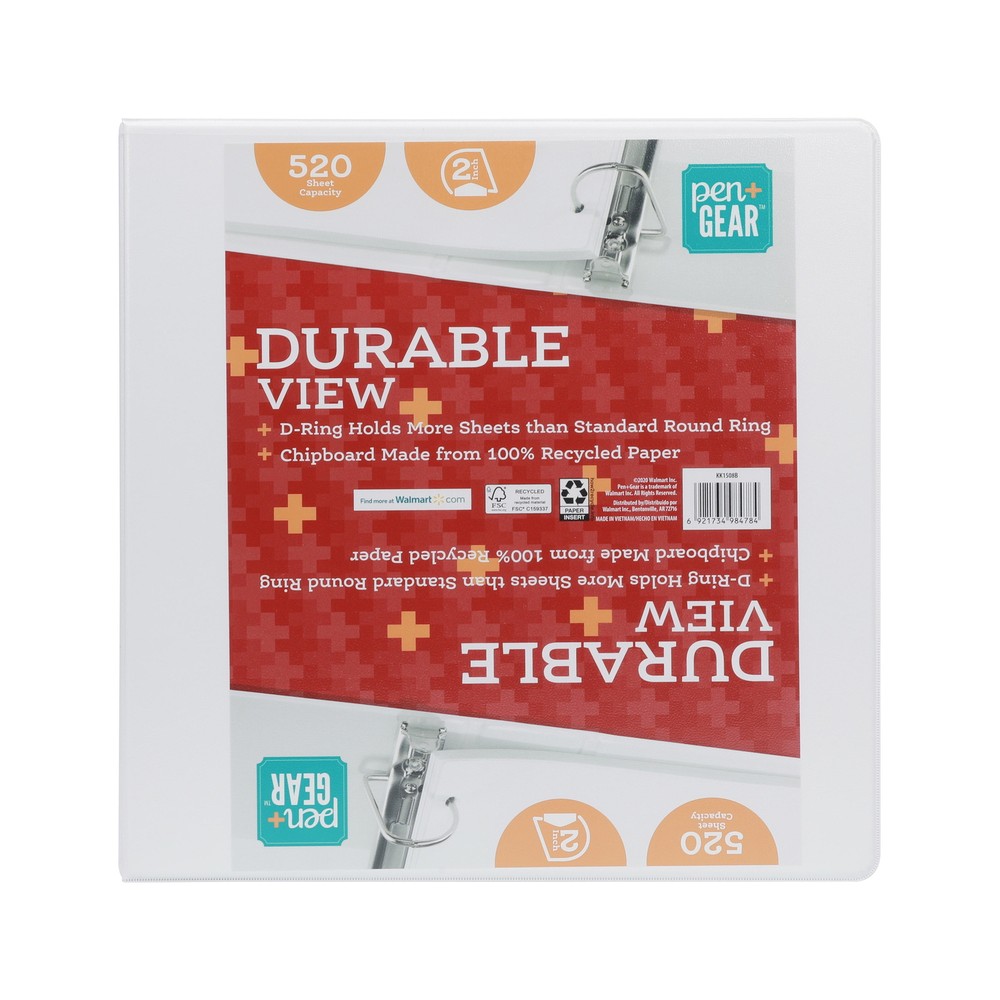 3-Ring Durable View Binder, 2 inch Binder Ring Type, Slant D-Ring, White, 6 Pack